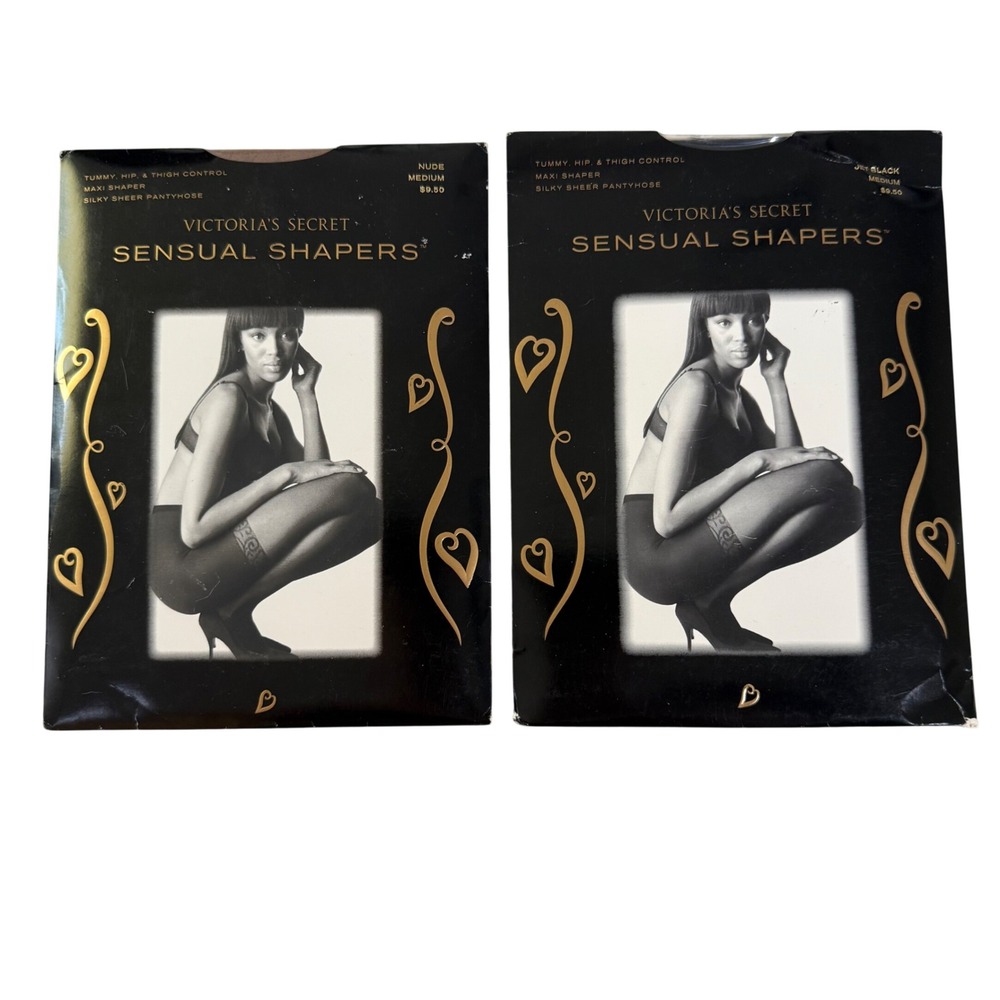 2PK Vintage 90's Victoria's Secret Size M Sensual Shapers Pantyhose Black & Nude